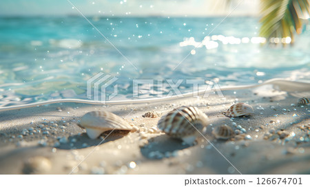 Azure coast of the ocean with palm trees, sand, surf and shells. AI Generated 126674701