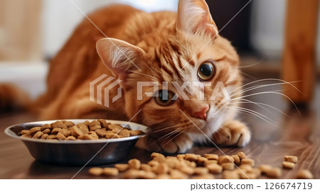 A cat or kitten sits near a bowl of food with copy space. AI Generated A cat or kitten sits near a bowl of food with copy space. AI Generated 126674719