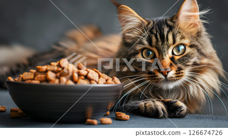 A cat or kitten sits near a bowl of food with copy space. AI Generated 126674726