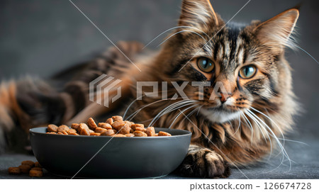 A cat or kitten sits near a bowl of food with copy space. AI Generated 126674728