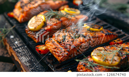 Fresh cooked delicious salmon steak with spices and herbs. AI Generated 126674740