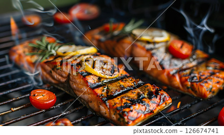 Fresh cooked delicious salmon steak with spices and herbs. AI Generated 126674741