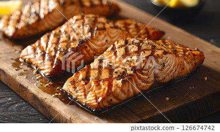 Fresh cooked delicious salmon steak with spices and herbs. AI Generated 126674742