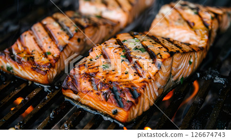 Fresh cooked delicious salmon steak with spices and herbs. AI Generated Fresh cooked delicious salmon steak with spices and herbs. AI Generated 126674743