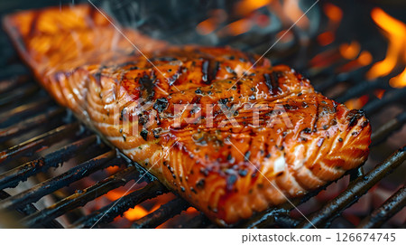 Fresh cooked delicious salmon steak with spices and herbs. AI Generated 126674745