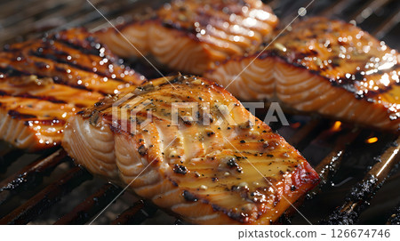 Fresh cooked delicious salmon steak with spices and herbs. AI Generated 126674746
