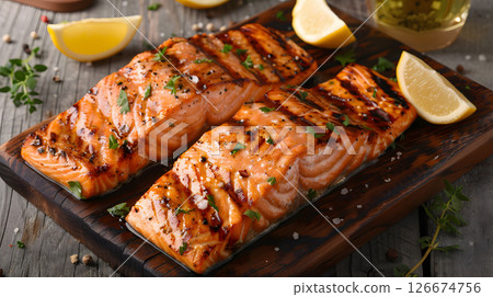 Fresh cooked delicious salmon steak with spices and herbs. AI Generated 126674756