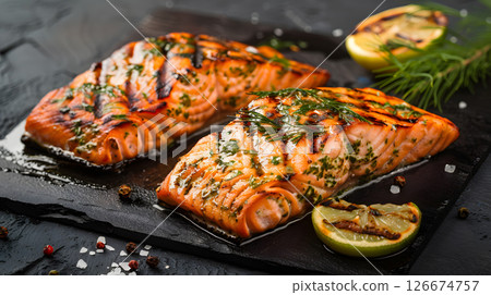 Fresh cooked delicious salmon steak with spices and herbs. AI Generated 126674757