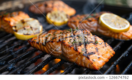 Fresh cooked delicious salmon steak with spices and herbs. AI Generated 126674762
