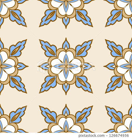 Azulejo pattern, tiles, Portuguese designs. Hand painted with watercolor blue earthenware with floral arabesques. Suitable for printing on fabric, home decor, wallpaper and stationery. Floral mosaic 126674936