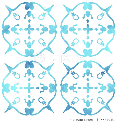 Azulejo pattern, tiles, Portuguese designs. Hand painted with watercolor blue earthenware with floral arabesques. Suitable for printing on fabric, home decor, wallpaper and stationery. Floral mosaic Azulejo pattern, tiles, Portuguese designs. Hand painted with watercolor blue earthenware with floral arabesques. Suitable for printing on fabric, home decor, wallpaper and stationery. Floral mosaic 126674950