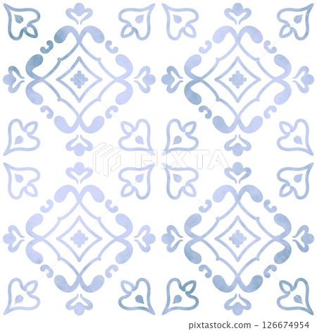 Azulejo pattern, tiles, Portuguese designs. Hand painted with watercolor blue earthenware with floral arabesques. Suitable for printing on fabric, home decor, wallpaper and stationery. Floral mosaic Azulejo pattern, tiles, Portuguese designs. Hand painted with watercolor blue earthenware with floral arabesques. Suitable for printing on fabric, home decor, wallpaper and stationery. Floral mosaic 126674954