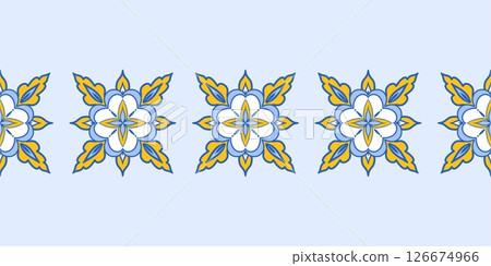 Azulejo pattern, tiles, Portuguese designs. Hand painted with watercolor blue earthenware with floral arabesques. Suitable for printing on fabric, home decor, wallpaper and stationery. Floral mosaic 126674966