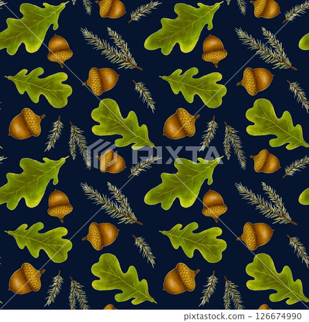 Seamless pattern with autumn leaves and mushrooms, perfect for seasonal textiles, wallpaper, wrapping paper, greeting cards, and home decor. 126674990