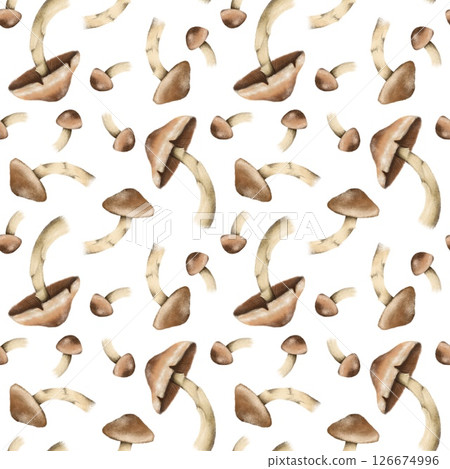 Seamless pattern with autumn leaves and mushrooms, perfect for seasonal textiles, wallpaper, wrapping paper, greeting cards, and home decor. 126674996
