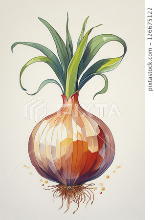 Yellow onion isolated on white background. Whole root onion. Allium cepa, common onion icon. Generative AI of vegetables in flat style. 126675122