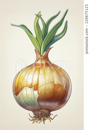 Separate isolated vegetables enerative AI. Allium cepa L or bulb onions with sprouted green shoots 126675125