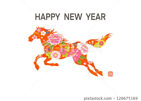 新年賀卡 2026 馬年 帶有馬插圖的時尚新年賀卡 日式圖案 花卉圖案 新年賀卡 2026 馬年 帶有馬插圖的時尚新年賀卡 日式圖案 花卉圖案 126675169