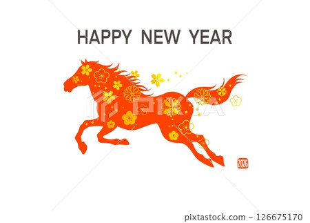 新年賀卡 2026 馬年 帶有馬插圖的時尚新年賀卡 日式圖案 花卉圖案 新年賀卡 2026 馬年 帶有馬插圖的時尚新年賀卡 日式圖案 花卉圖案 126675170