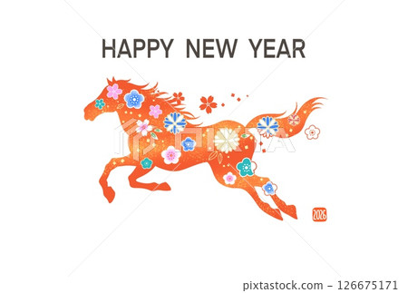 新年賀卡 2026 馬年 帶有馬插圖的時尚新年賀卡 日式圖案 花卉圖案 新年賀卡 2026 馬年 帶有馬插圖的時尚新年賀卡 日式圖案 花卉圖案 126675171