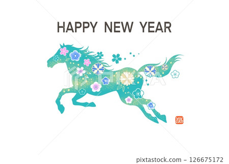 新年賀卡 2026 馬年 帶有馬插圖的時尚新年賀卡 日式圖案 花卉圖案 新年賀卡 2026 馬年 帶有馬插圖的時尚新年賀卡 日式圖案 花卉圖案 126675172