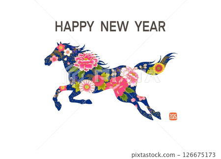 新年賀卡 2026 馬年 帶有馬插圖的時尚新年賀卡 日式圖案 花卉圖案 126675173