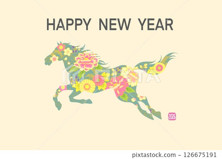 New Year's card 2026 Year of the Horse Stylish New Year's card with horse illustration Japanese pattern Floral pattern 126675191