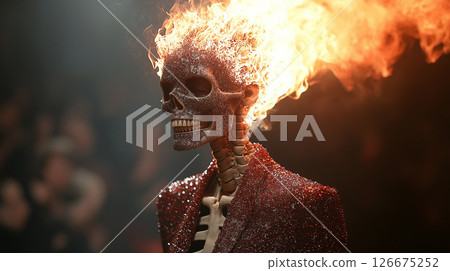 一個燃燒的頭骨走過時裝秀 126675252