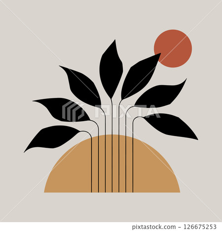 Abstract Plant Rising from Earth with Sun. A creative modern composition of a plant growing from a stylized semi-circle earth with a sun overhead. 126675253