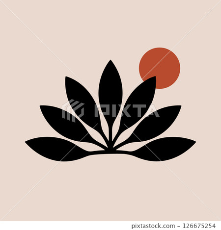 Bold Botanical Graphic with Red Sun. A bold and elegant abstract illustration featuring black geometric leaves and a red sun on a pastel pink background. 126675254