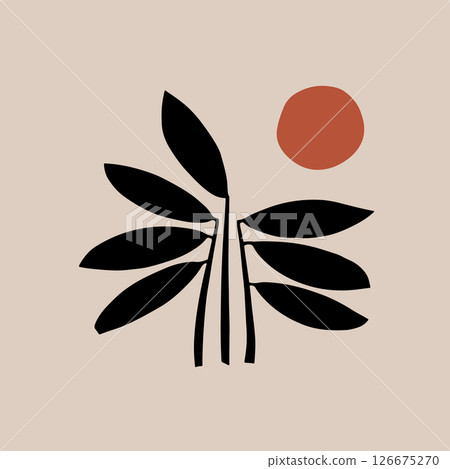 Abstract Plant and Sun Composition on Beige. A modern minimalistic illustration of a stylized plant with black leaves and a sun on a beige background. Abstract Plant and Sun Composition on Beige. A modern minimalistic illustration of a stylized plant with black leaves and a sun on a beige background. 126675270
