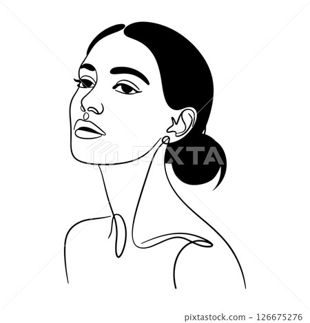 Bold Female Portrait with Earrings. A modern minimalist portrait of a woman with a strong gaze and defined earrings. Perfect for bold feminine branding and stylish art prints. 126675276