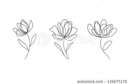 Minimal Flower Bud Sketches. A series of clean, minimalist flower sketches showing simple floral forms. Great for botanical design, stationery, or pattern creation. 126675278