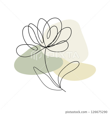Soft Green Botanical Line Art. A delicate flower drawn in a single line, accented with gentle green and beige abstract shapes. Soft Green Botanical Line Art. A delicate flower drawn in a single line, accented with gentle green and beige abstract shapes. 126675290