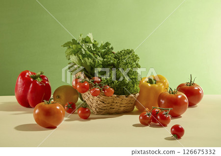 Fresh produce including ripe tomatoes, bell peppers, kale and celery are arranged on a soft wicker basket against a green background, creating a balanced and aesthetic look 126675332