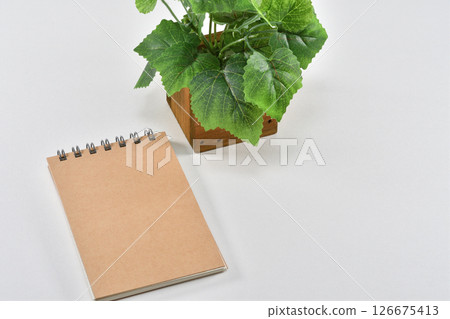 Notepad and fake greenery 126675413