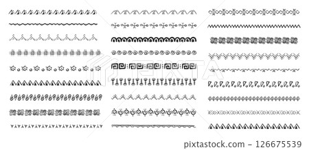 Ethnic tribal border, traditional hand drawn divider, doodle separator. Ancient motif line geometric brush, for frames, design element.  126675539