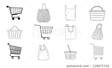 Shopping cart empty trolley doodle, supermarket basket, bag, net shopper simple line. Craft bag, trade icon set, sketch grocery shopping. Shopping cart empty trolley doodle, supermarket basket, bag, net shopper simple line. Craft bag, trade icon set, sketch grocery shopping. 126675542