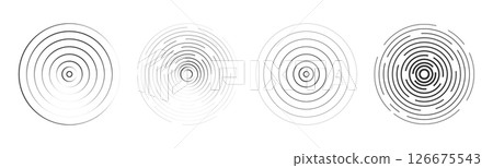 Sound wave, radar signal line. Concentric round circle effect, circular water ring. Contour vibration scan or music. Target screen, scannner swirl. 126675543