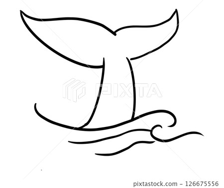 Whale Tale Icon ocean animal, mammal tail line sketch. Vintage simple silhouette with waves. Minimalistic simple tattoo drawing.  126675556