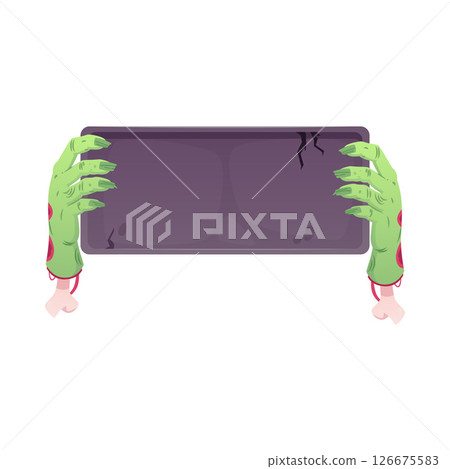 Vector illustration of green, decaying zombie hands holding a stone cracked, blank board. 126675583