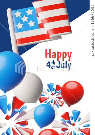 American happy Independence day, 4th July vector 3D plastic style poster, USA flag, balloons and fireworks decoration American happy Independence day, 4th July vector 3D plastic style poster, USA flag, balloons and fireworks decoration 126675595