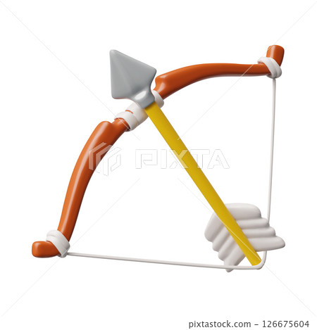 3d vector illustration of antique wooden bow with arrow. Medieval weapon. 3d vector illustration of antique wooden bow with arrow. Medieval weapon. 126675604