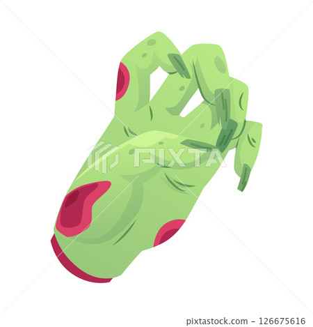 Zombie hand with green decayed skin, red wounds and long nails, vector illustration. 126675616