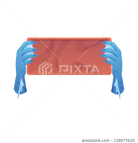 Blue monster hands with claws and webbing holding wooden empty board for message. 126675620