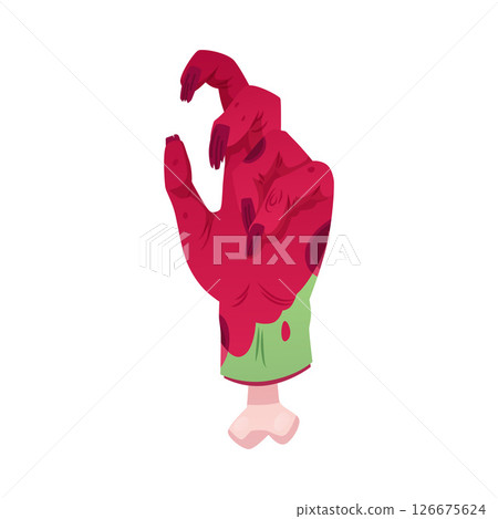 Creepy zombie hand in blood reaching up, vector dead human body limb with rotting flesh and bones, Halloween corpse arm Creepy zombie hand in blood reaching up, vector dead human body limb with rotting flesh and bones, Halloween corpse arm 126675624