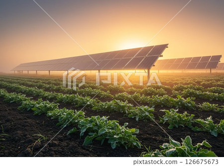 Rows of crops thrive alongside solar panels, showcasing the synergy of agrivoltaics in a picturesque landscape 126675673