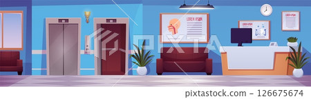 Hospital or medical clinic lobby and reception interior, elevator, hall for guests and patients vector flat illustration 126675674