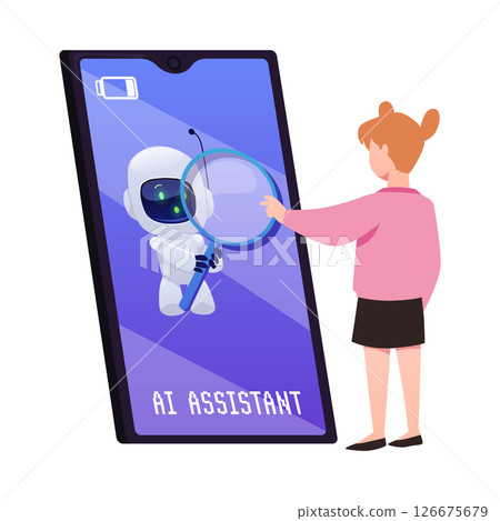 Girl speaking with ai robotic assistant on smartphone screen, online chat bot with magnifying glass vector illustration 126675679