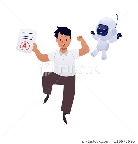 Happy boy jumps after receiving the highest grade on the exam, schoolboy studying with chat bot, AI robotic assistance Happy boy jumps after receiving the highest grade on the exam, schoolboy studying with chat bot, AI robotic assistance 126675680